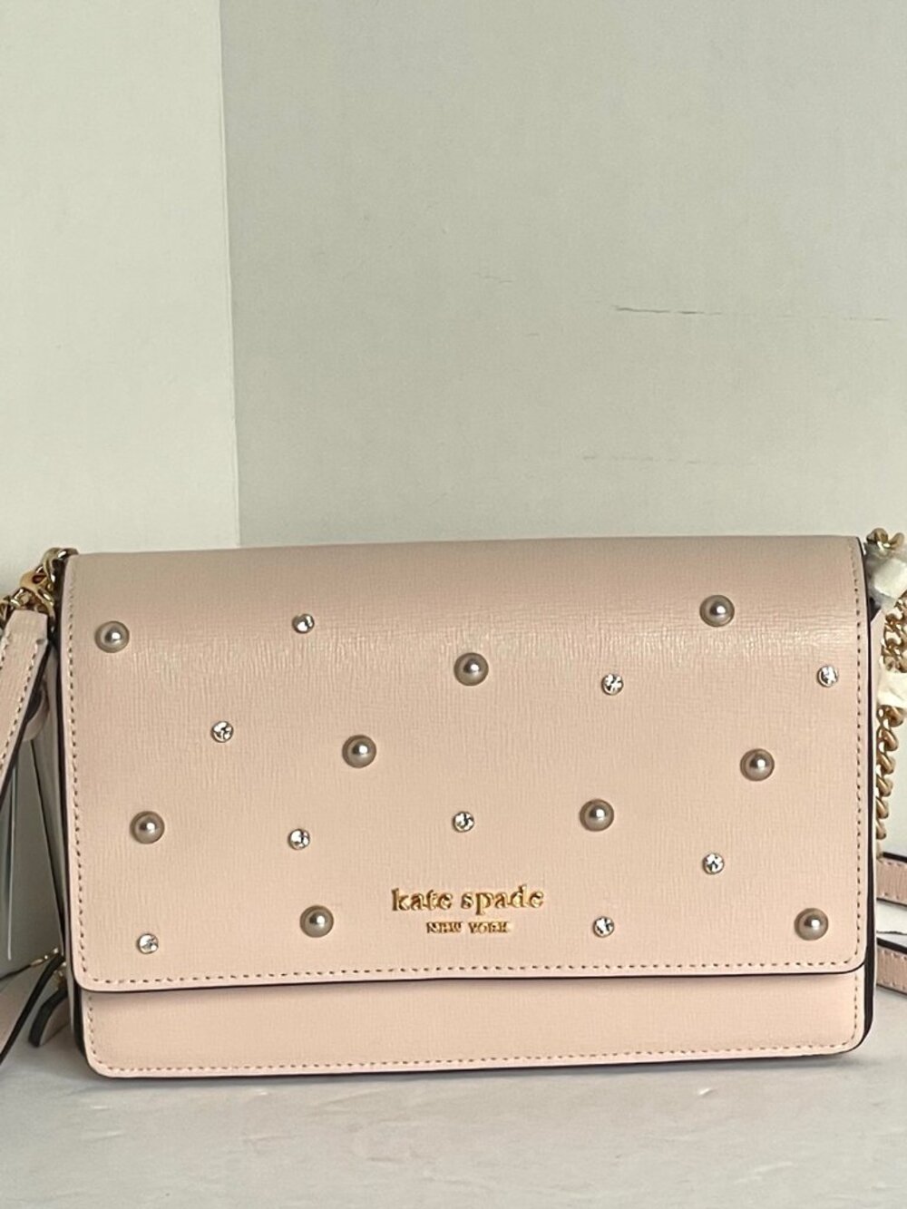 kate spade bag, pearl clutch, crystal chain bag, pale dogwood bag, flap clutch, - Picture 7 of 13